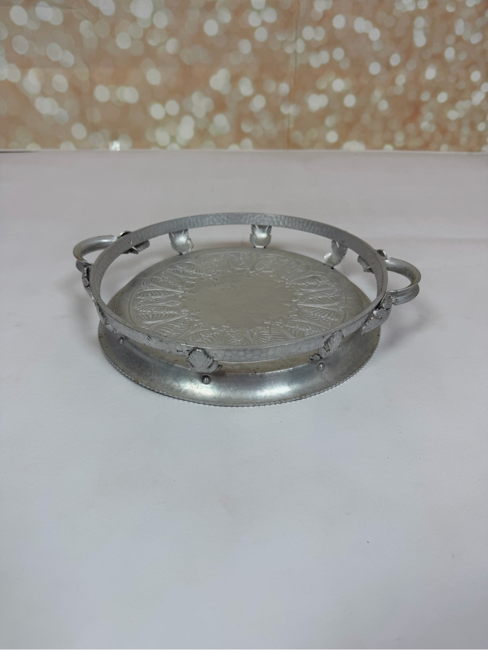 Vintage Hammared Aluminum Serving Tray Hand Wrought  Rounded Possibly Antique